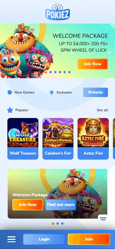 Pokiez Casino home screen on a mobile device