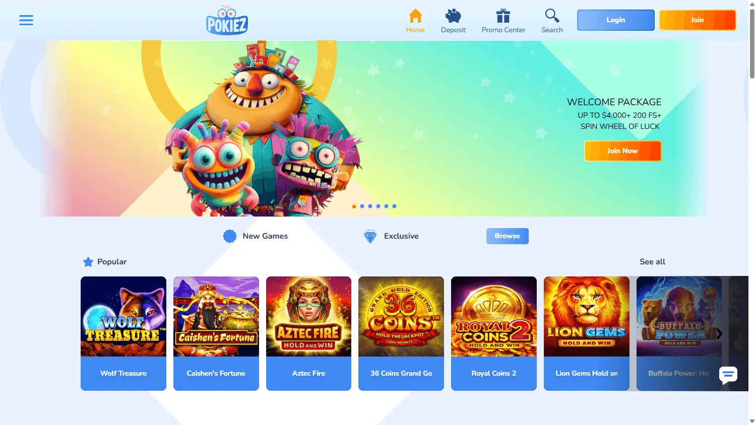 Pokiez Casino home screen on desktop