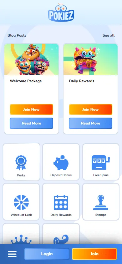 Pokiez Casino promotions screen on a mobile device